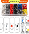 Box of 1800 ferrules in various colors and sizes for All In One Ferrule Crimp Tool Kit With 1800 Ferrules For AWG 23 To 7 Wire Sizes 0.5 To 10 Square Millimeters, Self Adjusting Ratchet Crimper Pliers For Wire Ferrule Ends And Ring Terminals, Ideal For Electrical And Auto DIY Projects
