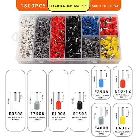 Box of 1800 ferrules in various colors and sizes for All In One Ferrule Crimp Tool Kit With 1800 Ferrules For AWG 23 To 7 Wire Sizes 0.5 To 10 Square Millimeters, Self Adjusting Ratchet Crimper Pliers For Wire Ferrule Ends And Ring Terminals, Ideal For Electrical And Auto DIY Projects