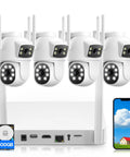 Dual-Lens Wireless Outdoor Home Security Camera System Four Camera Kit With 360 Degree Coverage, NVR, smartphone and hard drive