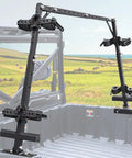 UTV Hunting Tool Holder Rack for Cargo Bed Universal Adjustable SXS Gear Mount Heavy Duty Bracket installed in cargo bed.