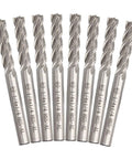 Front view of eight 1/4-inch HSS end mills with square noses and straight shanks, 4-flute