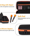 Heavy Duty Dual Wireless Microphone Case For Two Mic Systems With Tough Hard Shell And Soft Lining Plus Dual EVA Trays Fits Party Box Karaoke Receivers Adapters And Batteries Great For Stage Travel And Backup Mics Orange Box showing storage compartments, mesh bag, silicone zippers