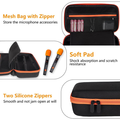 Heavy Duty Dual Wireless Microphone Case For Two Mic Systems With Tough Hard Shell And Soft Lining Plus Dual EVA Trays Fits Party Box Karaoke Receivers Adapters And Batteries Great For Stage Travel And Backup Mics Orange Box showing storage compartments, mesh bag, silicone zippers