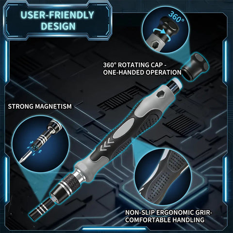 122 In 1 Precision Screwdriver Kit With 101 Magnetic Bits And 21 Tools for electronics repairs showing ergonomic handle and magnetic tip.