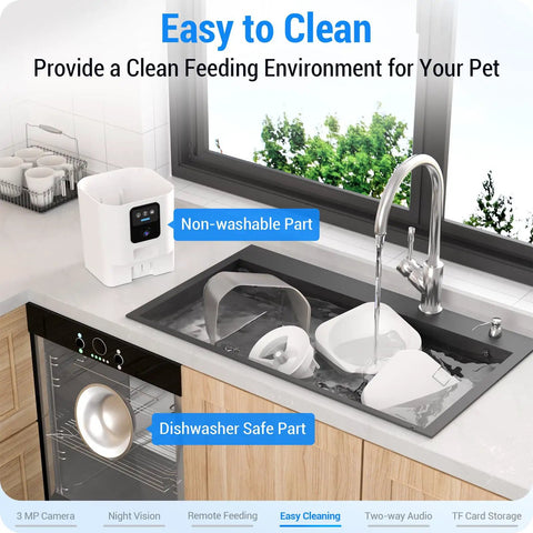 Smart Automatic Cat And Dog Feeder With 2K Camera And Night Vision, 5G Wifi App Control, 7L Large Capacity Bowl, showing easy to clean parts in sink.