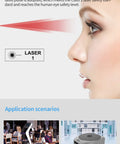 Profile of a woman beside a Class 1 laser safety standard sign with images showing robot navigation and obstacle detection applications.