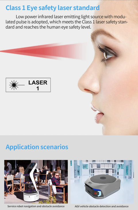 Profile of a woman beside a Class 1 laser safety standard sign with images showing robot navigation and obstacle detection applications.