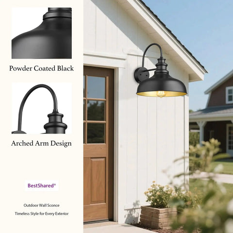 Old School Vintage Black Farmhouse Wall Light Sconce With E26 Socket mounted on white exterior wall, arched arm design