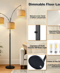 Fully Dimmable Three Light Arc Floor Lamp With Beige Shades, modern design, features dimmer switch and LED bulbs, living room setting