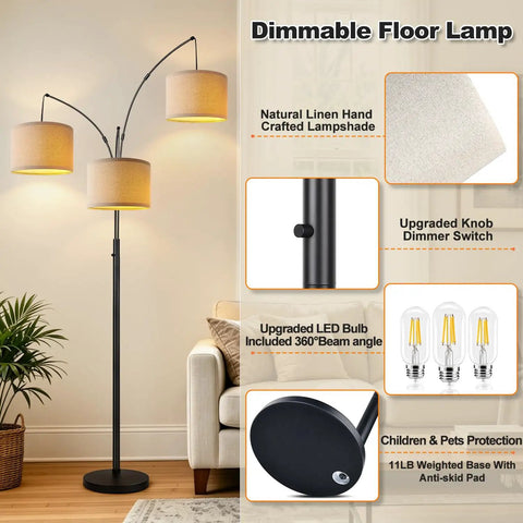 Fully Dimmable Three Light Arc Floor Lamp With Beige Shades, modern design, features dimmer switch and LED bulbs, living room setting