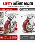 Heavy Duty Caster Wheels Set Of Four With Six Inch PVC Treads showing locking mechanism for stable and secure use.