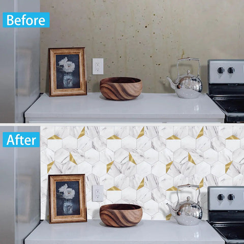 Before and after of kitchen with Thick 3mm Hexagon Peel And Stick Backsplash Tiles For Kitchen And Bathroom With Realistic Carrara White Marble Look And Metal Gold Accents Easy DIY Installation 10 Sheet Bundle installed on wall.