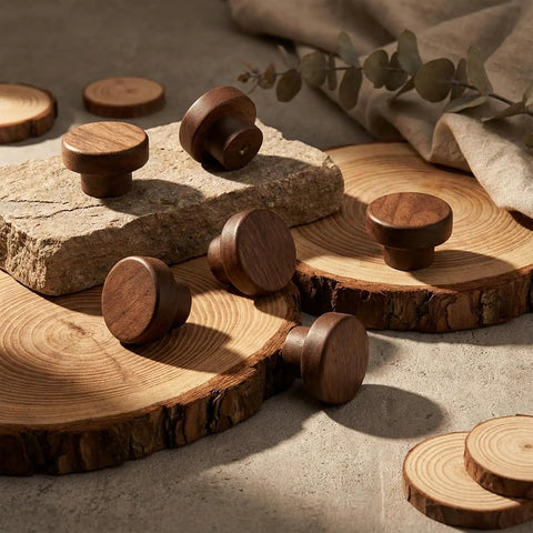 Top Shelf Mid Century Modern Walnut Mushroom Cabinet Knobs Slick Round Drawer Pulls decorative knobs on wood slices.