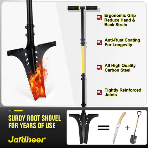 Long Handle Garden Shovel For Digging And Root Cutting With Serrated Blade And Comfortable Grip Forged Steel Construction