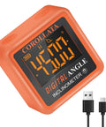 Dead On Digital Angle Finder And Magnetic Torpedo Level Boasting A Crisp Backlit Display And Lightning Fast Auto Calibration For Zero Hassle Diy Projects And Precision Woodworking Cuts, orange digital inclinometer with USB cables.