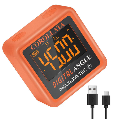 Dead On Digital Angle Finder And Magnetic Torpedo Level Boasting A Crisp Backlit Display And Lightning Fast Auto Calibration For Zero Hassle Diy Projects And Precision Woodworking Cuts, orange digital inclinometer with USB cables.
