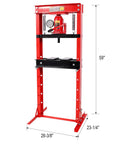 Heavy Duty 20 Ton Hydraulic Shop Press With Easy Read Pressure Dial For Grease Monkey Auto Garage, 59 inch tall red frame.