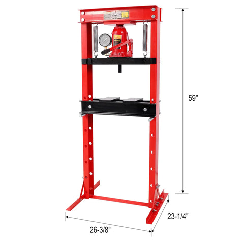 Heavy Duty 20 Ton Hydraulic Shop Press With Easy Read Pressure Dial For Grease Monkey Auto Garage, 59 inch tall red frame.