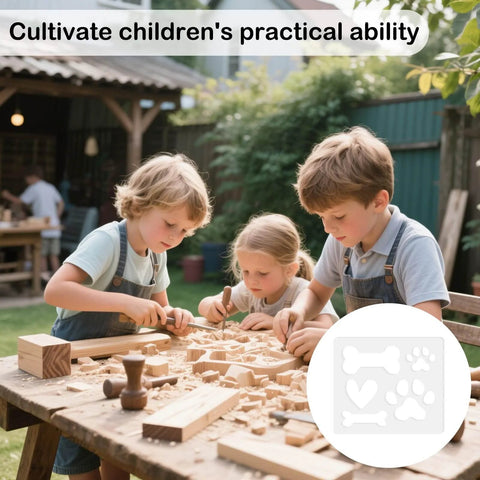 Children using 6.69 By 5.9 Inch Acrylic Dog Paw Print And Bone Router Templates for woodworking projects outdoors.