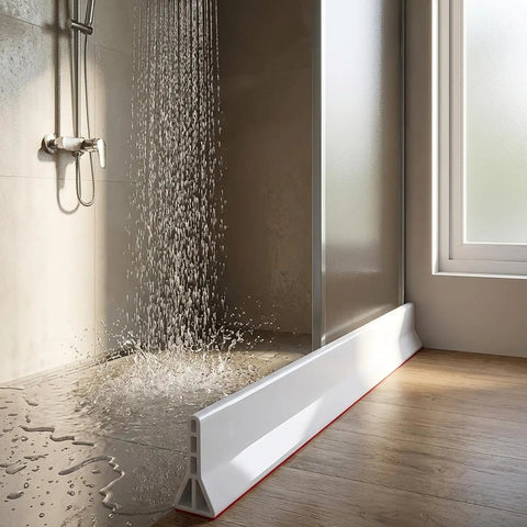 3.5 Inch High Collapsible Shower Threshold Water Dam, 59 Inch Long Splash Guard Barrier, Heavy Duty Water Stopper in use