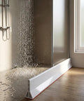 Three And A Half Inch Tall Collapsible Shower Threshold Dam 118 Inch Long Heavy Duty Water Barrier Splash Guard keeping shower dry