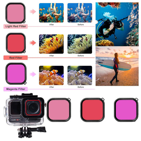 Beefed-Up Waterproof Case For Insta360 Ace Pro With 60m Depth shown with 3-pack dive filters and underwater photo examples.