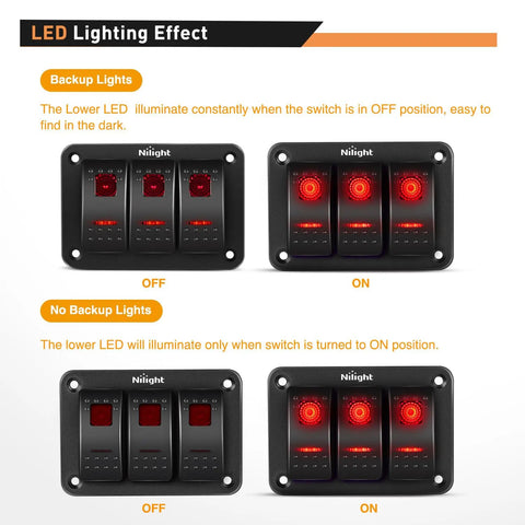 Three Gang Aluminum Rocker Switch Panel with Prewired Harness and Red Backlit Night Glow, showing LED lighting effect