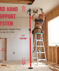 Heavy Duty Cabinet Jacks Support Poles, 4 Pack Telescopic Drywall Lift Assist Tools in use, adjustable from 54 to 117 inches.
