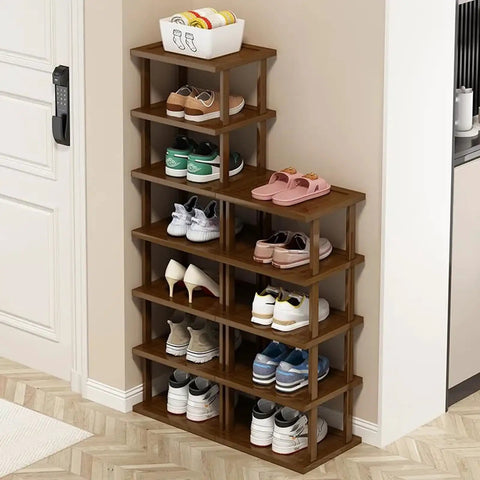 Slim 5 Tier Bamboo Shoe Rack For Small Spaces Tall Narrow Organizer holding various shoes in entryway corner