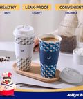 20 Oz Disposable Coffee Cups With Lids, Sleeves And Stirrers, Two Color Leaf Print Set displayed on a table with coffee beans