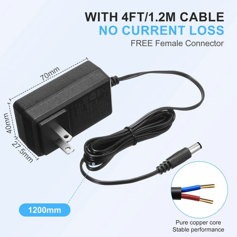 10 Pack 12V DC LED Power Supplies 24W 2A Switching Adapters From 120V AC To 12V DC For LED Strip Lights With 5.5mm By 2.1mm Female Barrel Connectors Great For High Output LED Projects. 4ft cable and 1200mm cord visible