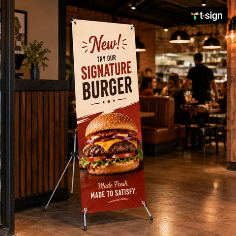 Heavy Duty Adjustable X Banner Stand With Sturdy Aluminum Frame and Durable Travel Case Perfect For Trade Shows Street Fairs Or Urban Hustles displaying a burger menu in a restaurant.