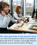 Customer service representative speaking on phone, offering after-sales guarantee and assistance, office setting
