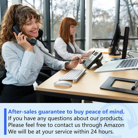 Customer service representative speaking on phone, offering after-sales guarantee and assistance, office setting