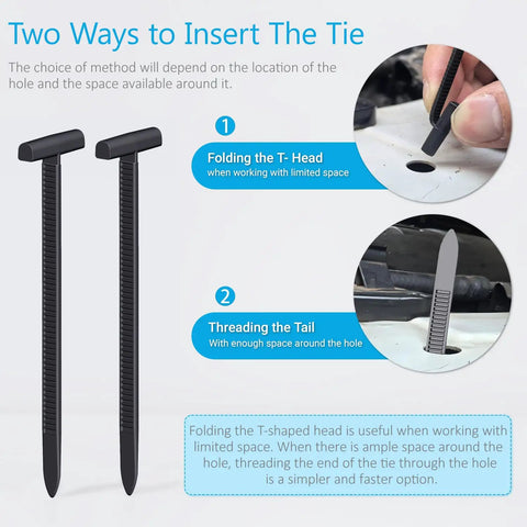 Two insertion methods for Heavy Duty Nylon Universal Cable Tie Buckles Kit With Self Locking T Rivet Zip Tie Clips