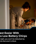 Parent tucking child into bed at night, promoting smart carbon monoxide detector's silent battery feature, ensuring restful sleep.