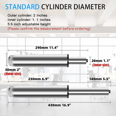 Diagram of 5.5 Inch Heavy Duty Office Chair Gas Lift Cylinder Replacement dimensions, showing extended and compressed sizes.