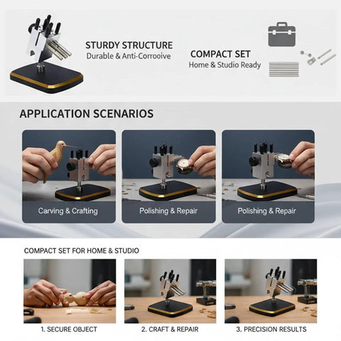 Versatile Mini Vise Table Top Clamp For Hobby Jewelers features rotating base, adjustable angles, and durable aluminum for crafting.