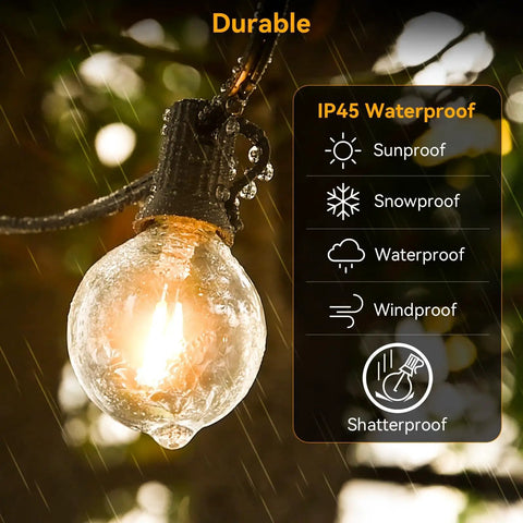 Close-up of waterproof G40 bulb from Lit 100 Ft Outdoor String Lights Waterproof Connectable Dimmable With 62 LED Shatterproof Bulbs