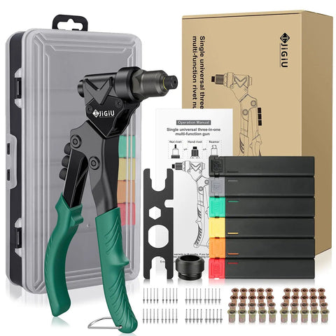 3 In 1 Do It All Rivet Nut Tool Kit With Swivel Head For Metal And Auto Sheet Metal DIY Repairs Includes 4 Mandrels 4 Rivet Heads And 2 Reaming Mandrels Heavy Duty Pop Rivet Gun.