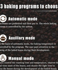 Information on three baking modes for Electric Coffee Roaster for Home Or Small Cafe Pro Grade 500g Automatic Drum Roasting Machine With Smoke Filter And Chaff Collector