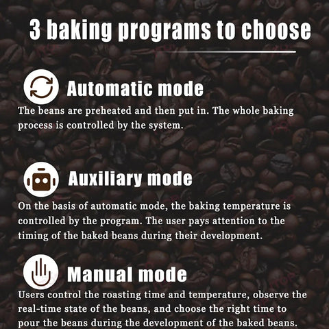 Information on three baking modes for Electric Coffee Roaster for Home Or Small Cafe Pro Grade 500g Automatic Drum Roasting Machine With Smoke Filter And Chaff Collector