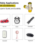 Top Tier 23A 12 Volt Alkaline Battery 5 Pack Heavy Duty Power For Remotes Garage Openers And Key Fobs showing applications like toy car, clock, flashlight, and more.