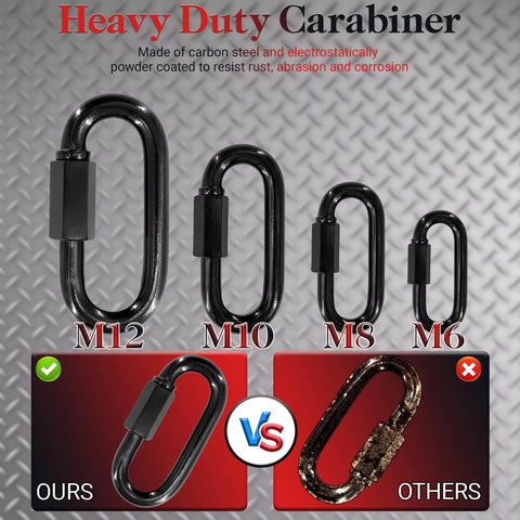 Comparison of four sizes of heavy-duty carabiners, highlighting the 1/2 inch model; made of black carbon steel, rust-proof, for hammocks and gear.