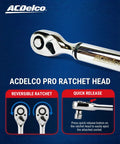 Close-up of 3/8 Inch Heavy Duty Digital Torque Wrench with LED Flash Notification showing ratchet head with quick release.