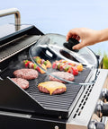 Using 2 In 1 Glass Microwave Splatter Cover And Plate Mat Set With Easy Grip Silicone Handle Knob on outdoor grill