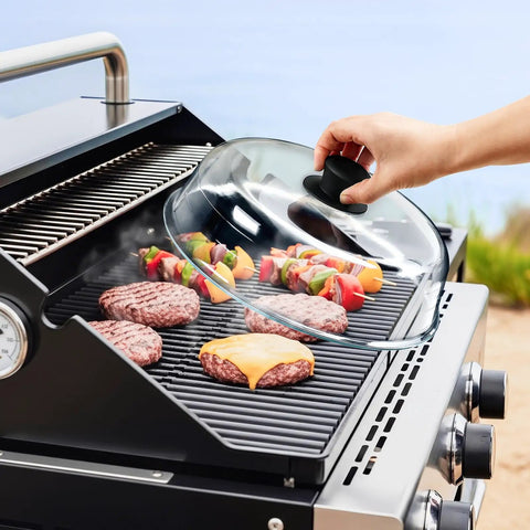 Using 2 In 1 Glass Microwave Splatter Cover And Plate Mat Set With Easy Grip Silicone Handle Knob on outdoor grill
