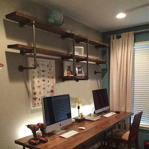 Industrial Pipe Shelving Set Wall Mounted Rustic Floating Iron Shelves For DIY Bookshelf Brackets in home office space