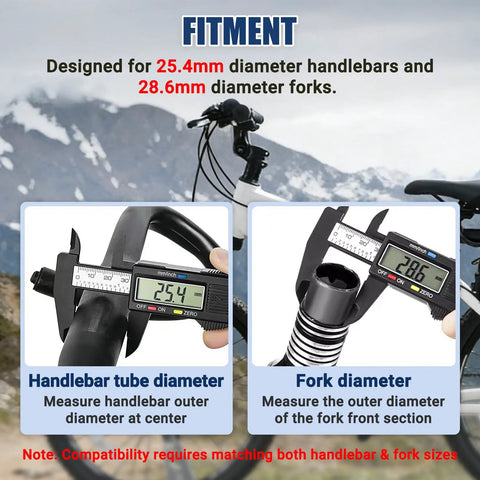 Adjustable Bike Stem For 25.4mm Handlebars And 28.6mm Forks, 100mm Center Length, compatibility measurements with calipers