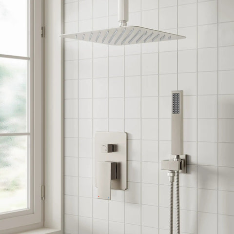 Ceiling Shower System With 10 Inch Rain Shower Head And Handheld Spray, All Metal Shower Faucet Set With Pressure Balance Valve